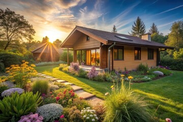 Serene Sunset View of a Cozy Suburban Home with a Beautifully Landscaped Garden