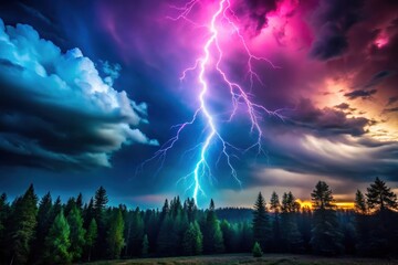 Majestic bolts of lightning illuminate a vibrant twilight sky above a tranquil forest