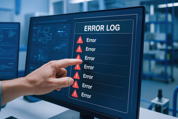 Error log on computer screen with hand pointing at warning signs in engineering startup lab environment