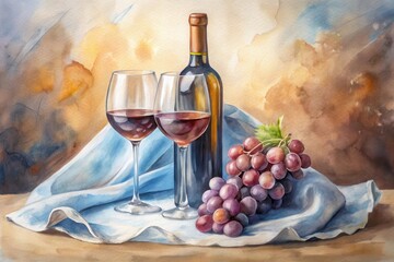 Still life watercolor painting of wine and grapes on a light blue cloth