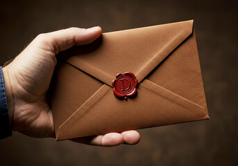 Vintage Brown Leather Envelope in Hand with Wax Seal with Initial D
