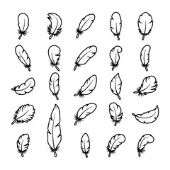 Black and white feathers icon set in a line style