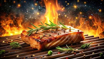 Sizzling Grilled Delicacy on a Rustic Wooden Grill with Vibrant Flames and Starry Night Background