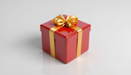 Obraz premium A red gift box with a gold ribbon rests on a reflective white surface, creating anticipation.