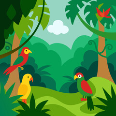 Fototapeta premium Colorful parrots in a lush green jungle scene