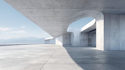 3d render of abstract modern architecture with empty cement floor, minimal exterior, car presentation background. High quality