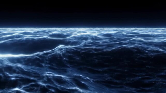 Abstract shimmering ocean waves, dark water texture background with blue wave pattern.