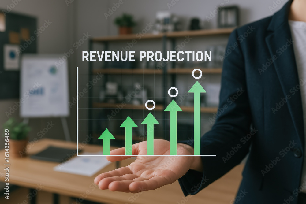 Poster startup engineering lab business growth concept with revenue projection graph and hand in office env