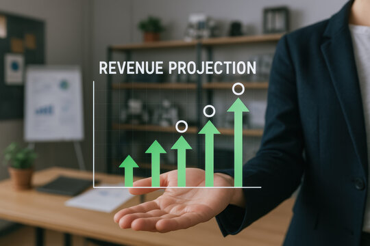 Startup engineering lab business growth concept with revenue projection graph and hand in office environment - Powered by Adobe