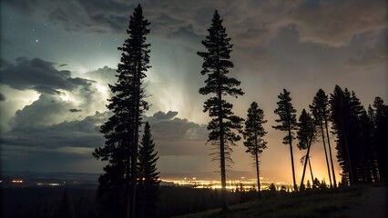 Silhouettes of pine trees under a stormy night sky with faint aurora light peeking through clouds