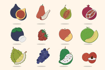Cute fruits Icon Set for kids  education. fruits Vector set, bit fruit, apple, raspberry, lychee, guava