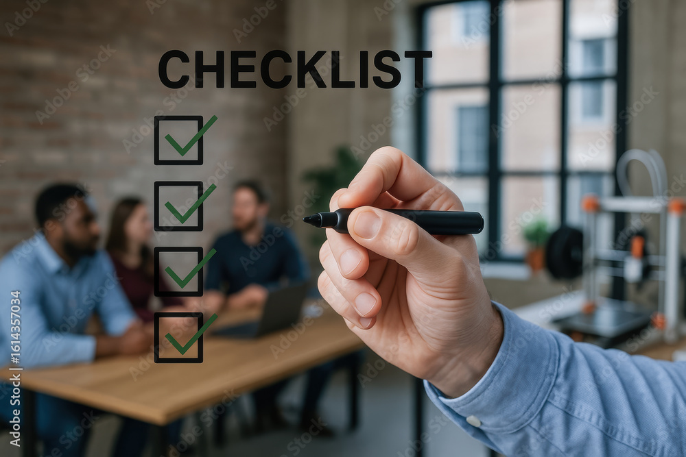 Poster checklist startup engineering lab concept with hand holding marker and team working in modern office
