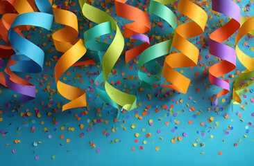 Festive overlay, Party streamers, serpentine, curly paper ribbons. Colorful explosion confetti. Multicolored party decorations. Concept for party.