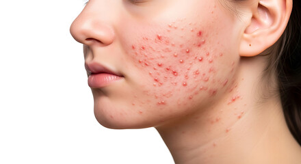 Close up of a woman's face showing acne and skin problems on her cheek area