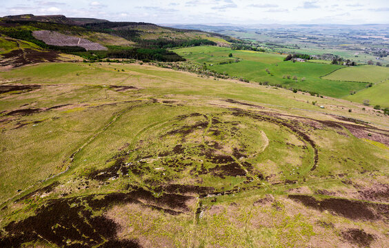 Lordenshaw small multivallate Iron Age hillfort on Garleigh Moor in the Simonside Hills south of Rothbury, Northumberland. Aerial view to west
