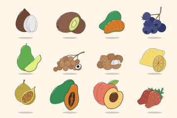 Cute fruits Icon Set for kids  education. fruits Vector set, mango, pear, strawberry, papaya, lemon