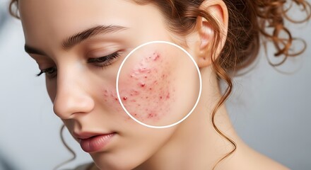 Close up of a woman's face with acne highlighted by a white circle on her cheek