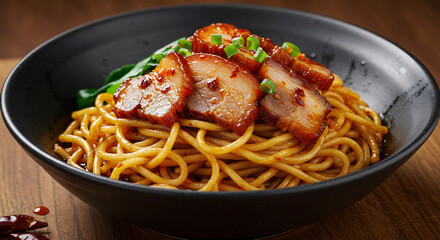 Deliciously Plated Spicy Noodles with Roasted Pork.