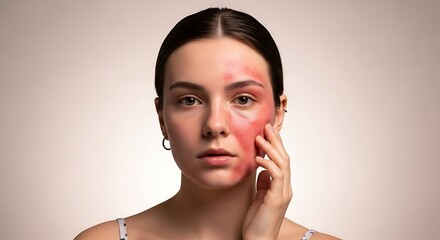 Woman with sunburn on face touching her cheek in front of a neutral backdrop