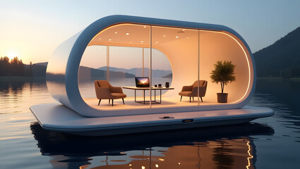 Cinematic Floating Workstation on Calm Lake with Tech Accessories and Nature View