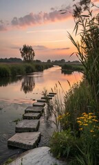 Tranquil River Scene with Stepping Stones and Sunrise Reflection Serene Nature Photography Landscape Image