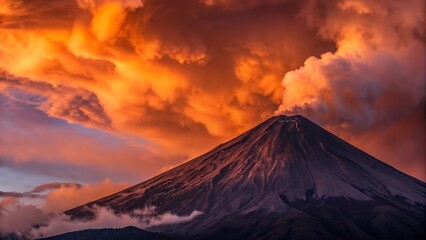 Volcano erupting under fiery orange sunset clouds