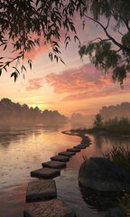 Tranquil Lake Reflection with Stepping Stones at Sunset Serene Natural Landscape Path Over Water Peaceful Scenery with Warm Colors