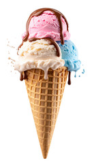 Melting ice cream cone with pastel colors on white PNG