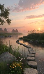 Serene River Landscape with Stepping Stones at Sunset A Path to Tranquility and Natural Beauty