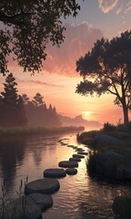 Serene Sunset Scene with Stepping Stones Across Calm River Reflecting Golden Light and Silhouette Trees Enhancing Tranquility