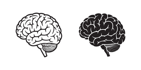 Set of outline and silhouette vector icons showing human brain, mind refresh, creative thinking, and brain health
