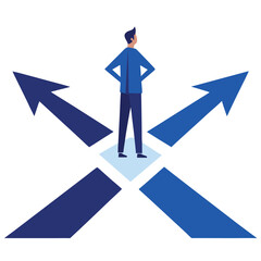 Man at crossroads with four blue arrows pointing in different directions