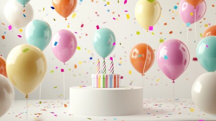 Festive birthday celebration scene with colorful balloons and cake