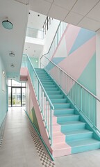 Modern staircase design featuring pastel colors and geometric patterns in a bright and spacious building interior for architectural photography