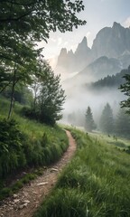 Idyllic Mountain Trail through Foggy Forest towards Jagged Peaks and Morning Light Landscape Photography