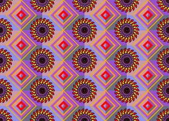 Symmetrical pattern featuring circular floral designs and concentric diamond shapes.