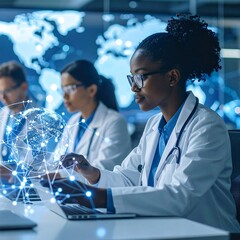 Diverse medical professionals working collaboratively in a modern office