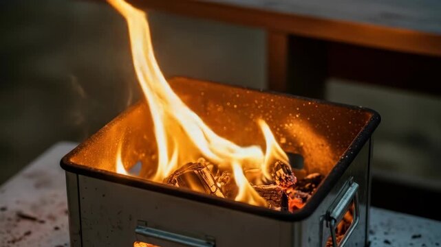 Camping fire burning brightly in metal container, flame and ash, fire safety.