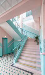 Pastel Paradise A Retro Staircase with Muted Colors and Geometric Patterns Evoking Nostalgia and Calm