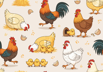 Seamless pattern featuring hand-drawn cute cartoon chickens including hens, roosters, and fluffy chicks with rosy cheeks and textured feathers, plus straw, coop shapes, and cracked eggs on a neutral b