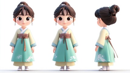 Charming 3D Render of a Korean Girl in Traditional Hanbok Attire