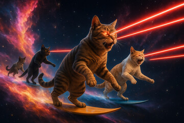 group of heroic cats surfing across a colorful nebula trail, shooting laser beams from their eyes