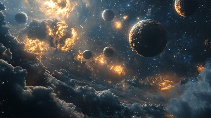 Obraz premium Cosmic Landscape With Glowing Planets and Nebula