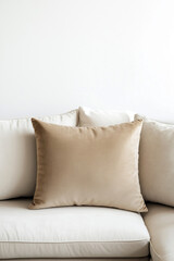 Neutral-toned decorative cushion resting on a soft white sofa in a minimalist interior, perfect for showcasing home decor, comfort, or interior styling themes
