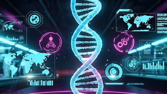 AI-powered DNA interface with neural overlays visualizing brain function and deoxyribonucleic impulse transfers - Powered by Adobe