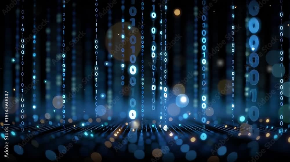 Poster digital rain: a futuristic view of glowing digital data streams cascading in a sea of innovation, re
