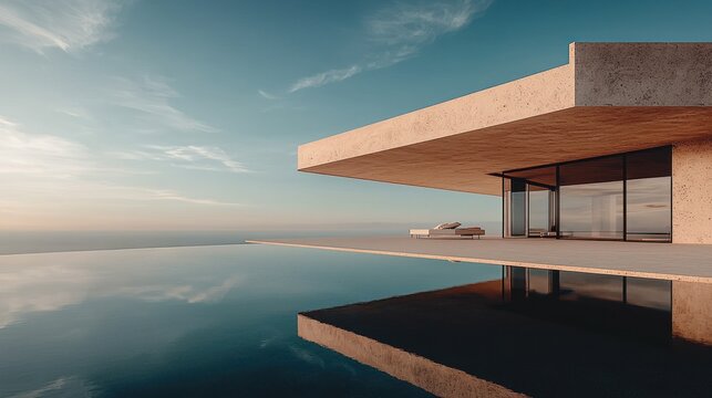 Modern seaside villa with infinity pool reflecting a stunning sunset