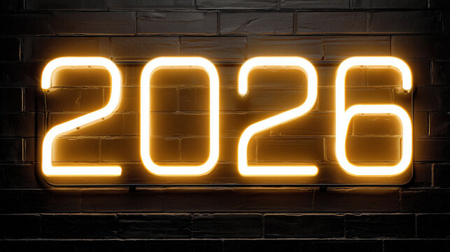A bright neon sign illuminates the year 2026 against a dark brick wall
