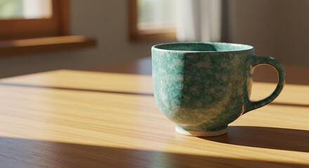 Serene Teal Ceramic Mug on Wooden Table Sunlight and Shadow Play.