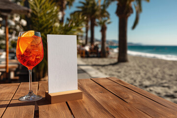 Blank menu card mock up placed on a table next to a glass of Aperol spritz cocktail at a beach bar